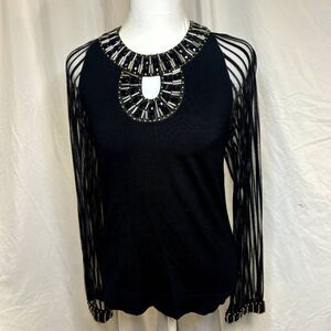 Belldini Jeweled Sheer Sleeve Pullover Blouse Womens Zip Linen Black Long Sleeve